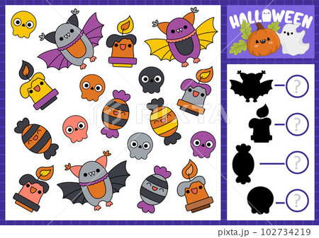 Halloween I spy and shadow match game for kids. Searching and counting activity with cute kawaii holiday symbols. Scary autumn printable worksheet for preschool children 102734219