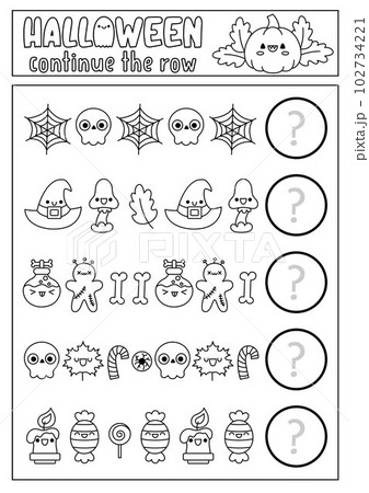 What comes next. Halloween black and white matching activity for preschool children with traditional holiday symbols. Funny kawaii puzzle. Autumn Samhain party logical coloring page 102734221