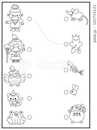 Halloween black and white matching activity with cute kawaii witch, owl, cat, monster. Autumn holiday line puzzle with cauldron, mouse, frog. Match the objects game. All saints day coloring page 102734222