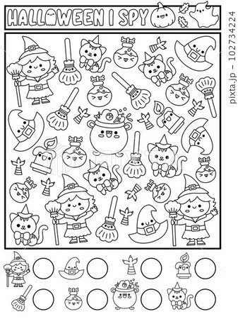 Halloween black and white I spy game for kids. Searching and counting line activity with cute kawaii witch. Scary autumn printable worksheet for preschool children. Simple coloring page 102734224