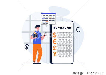 Mobile banking web concept with character scene. Man uses currency exchange service, doing transaction in app. People situation in flat design. Vector illustration for social media marketing material. Mobile banking web concept with character scene. Man uses currency exchange service, doing transaction in app. People situation in flat design. Vector illustration for social media marketing material. 102734232