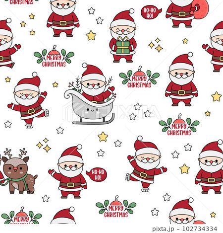 Vector seamless pattern with kawaii Santa Claus. Cute repeat background with Santas, present, sack, sleigh. Father Frost digital paper. Christmas, winter, New Year holiday wallpapers 102734334