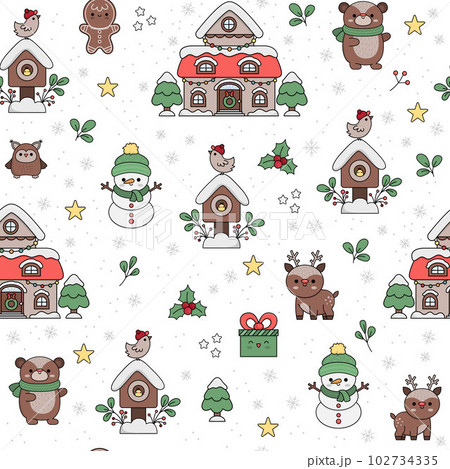 Vector seamless pattern with kawaii house, snowman, bird. Cute repeat background with snowflakes and cozy decorated cottage. Christmas, winter, New Year holiday digital paper 102734335
