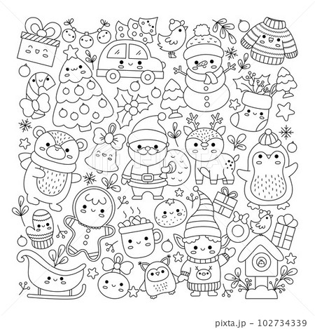 Vector Christmas square line coloring page for kids with cute kawaii characters. Black and white winter or New Year holiday illustration with funny Santa Claus, deer, elf, bear, tree Vector Christmas square line coloring page for kids with cute kawaii characters. Black and white winter or New Year holiday illustration with funny Santa Claus, deer, elf, bear, tree 102734339