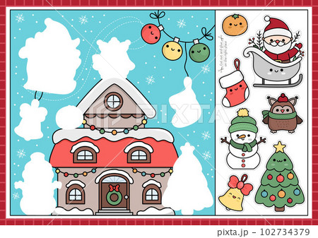 Vector Christmas cut and glue activity. Crafting game with cute kawaii New Year scene. Fun winter holiday printable worksheet. Find the right piece of the puzzle. Complete the picture Vector Christmas cut and glue activity. Crafting game with cute kawaii New Year scene. Fun winter holiday printable worksheet. Find the right piece of the puzzle. Complete the picture 102734379