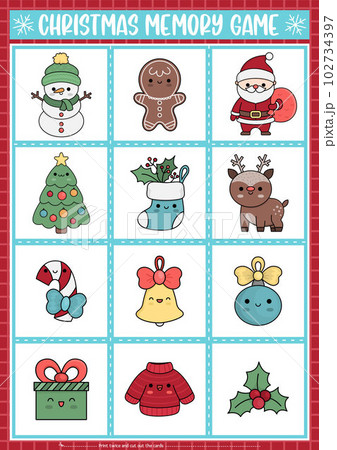 Vector Christmas kawaii memory game cards with cute traditional holiday symbols. New Year party matching activity. Remember and find correct card. Simple winter holiday worksheet for kids 102734397