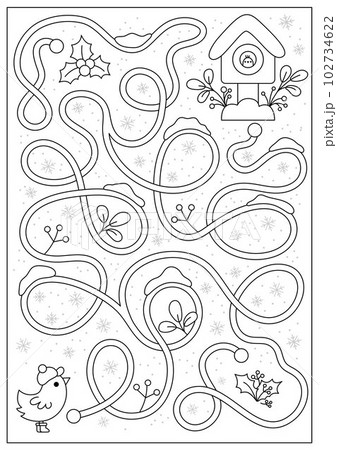 Christmas black and white maze for kids. Winter line holiday preschool printable activity with cute kawaii bird, snowflakes, birdhouse. New Year labyrinth game, puzzle or coloring page Christmas black and white maze for kids. Winter line holiday preschool printable activity with cute kawaii bird, snowflakes, birdhouse. New Year labyrinth game, puzzle or coloring page 102734622