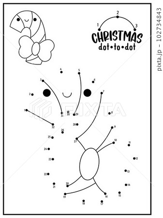Vector Christmas dot-to-dot and color activity with cute kawaii candy cane. Winter holiday connect the dots game for children with funny sweet. New Year coloring page for kids. Printable worksheet Vector Christmas dot-to-dot and color activity with cute kawaii candy cane. Winter holiday connect the dots game for children with funny sweet. New Year coloring page for kids. Printable worksheet 102734843