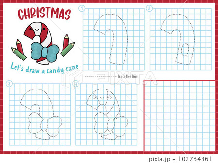 Christmas step by step drawing worksheet. How to draw a candy cane. Complete the picture by example activity. Vector winter holiday writing practice worksheet. Printable New Year coloring page 102734861