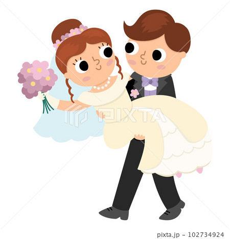 Vector illustration with groom carrying bride on his hands. Cute just married couple. Wedding ceremony icon. Cartoon marriage scene with newly married couple Vector illustration with groom carrying bride on his hands. Cute just married couple. Wedding ceremony icon. Cartoon marriage scene with newly married couple 102734924