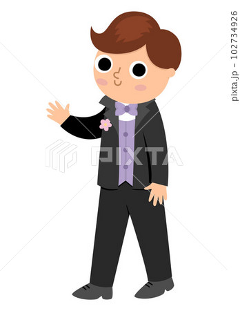 Vector groom illustration. Cute just married boy. Wedding ceremony icon. Cartoon marriage scene with newly married man. Cute gentleman in black suit with bow tie, vest, buttonhole with flower Vector groom illustration. Cute just married boy. Wedding ceremony icon. Cartoon marriage scene with newly married man. Cute gentleman in black suit with bow tie, vest, buttonhole with flower 102734926