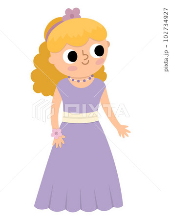 Vector bridesmaid illustration. Cute blond girl in purple dress with flower in hair. Wedding ceremony icon. Cartoon marriage guest. Elegant woman picture. Cute lady in smart outfit 102734927