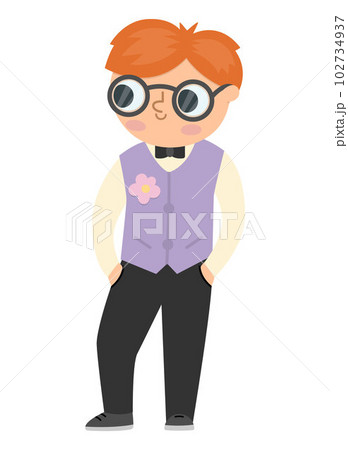 Vector bridegroom illustration. Cute red hair boy in glasses and purple vest with flower. Wedding ceremony icon. Cartoon marriage guest. Elegant man picture. Cute gentleman in smart suit 102734937