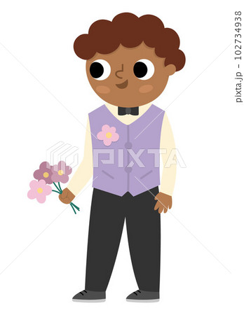 Vector bridegroom illustration. Cute dark skin and hair boy in glasses and purple vest with flower. Wedding ceremony icon. Cartoon marriage guest. Elegant man. Cute gentleman in smart suit Vector bridegroom illustration. Cute dark skin and hair boy in glasses and purple vest with flower. Wedding ceremony icon. Cartoon marriage guest. Elegant man. Cute gentleman in smart suit 102734938