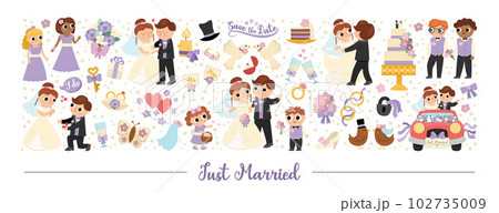 Vector wedding horizontal set with just married couple. Marriage ceremony card template for banners, invitations. Cute matrimonial illustration with bride, groom, bridesmaids, bridegroom, cake, rings 102735009
