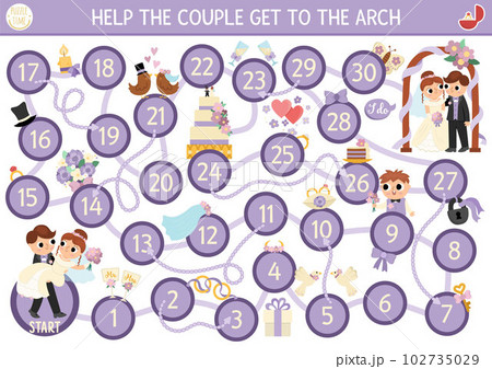 Wedding dice board game for children with cute just married couple, bride, groom, bridegroom, rings. Marriage ceremony boardgame.  Matrimonial printable activity. Help the couple get to the arch 102735029