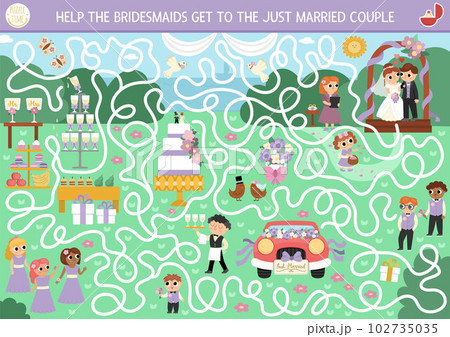 Wedding maze for kids with bride, groom, cake, guests. preschool printable activity with marriage ceremony scene. Matrimonial labyrinth game, puzzle. Help bridesmaids get to just married couple Wedding maze for kids with bride, groom, cake, guests. preschool printable activity with marriage ceremony scene. Matrimonial labyrinth game, puzzle. Help bridesmaids get to just married couple 102735035