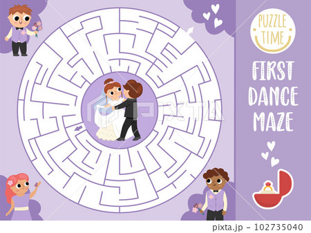Wedding maze for kids with dancing bride and groom. Marriage ceremony preschool printable activity. Matrimonial labyrinth game. Puzzle with just married couple and their first dance Wedding maze for kids with dancing bride and groom. Marriage ceremony preschool printable activity. Matrimonial labyrinth game. Puzzle with just married couple and their first dance 102735040