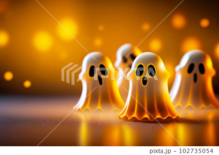 Halloween ghosts on orange bokeh background. Happy Halloween holiday concept. Generative AI illustration 102735054