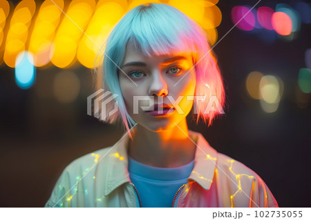 Beautiful blonde woman in neon street lighting Generative AI illustration 102735055