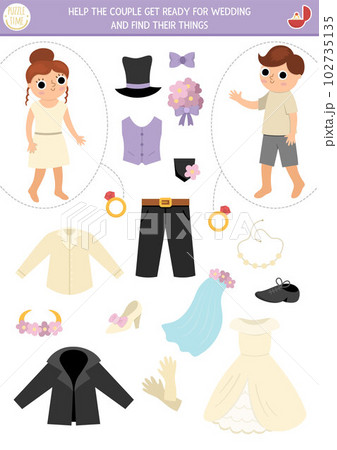 Marriage ceremony matching activity with cute bride, groom and their clothes. Match the objects game. Help the couple get ready for wedding and find their things. Match up printable worksheet 102735135
