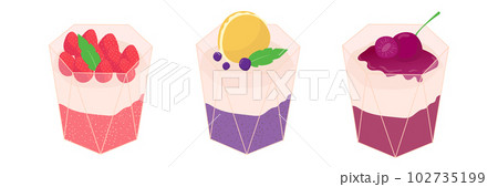 Set of desserts panna cotta in glasses with berries and a layer of jam. Traditional Italian parfait of cream and fruit, vector illustration in cartoon style. 102735199