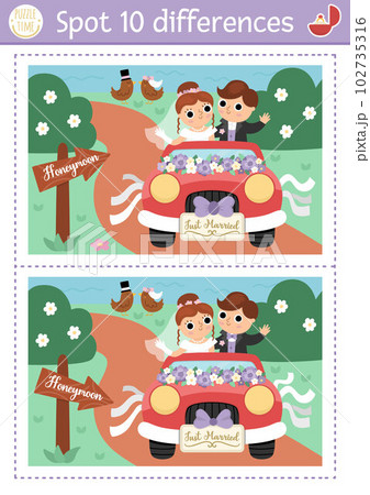 Find differences game for children. Wedding educational activity with cute married couple. Marriage ceremony puzzle for kids with bride and groom going to Honeymoon. Printable worksheet, page Find differences game for children. Wedding educational activity with cute married couple. Marriage ceremony puzzle for kids with bride and groom going to Honeymoon. Printable worksheet, page 102735316