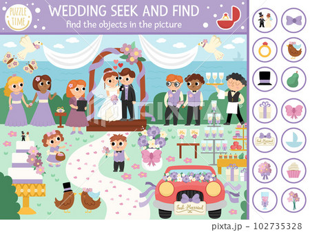 Vector wedding searching game with marriage ceremony scene. Spot hidden objects in the picture. Simple seek and find educational printable activity for kids with cute bride, groom, guests Vector wedding searching game with marriage ceremony scene. Spot hidden objects in the picture. Simple seek and find educational printable activity for kids with cute bride, groom, guests 102735328
