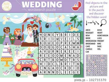 Vector wedding wordsearch puzzle for kids. Word search quiz with marriage ceremony landscape for children. Educational activity with bride, groom, guests, cake. Cross word with holiday scene Vector wedding wordsearch puzzle for kids. Word search quiz with marriage ceremony landscape for children. Educational activity with bride, groom, guests, cake. Cross word with holiday scene 102735370