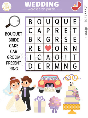 Vector wedding wordsearch puzzle for kids. Simple word search quiz with marriage ceremony landscape for children. Educational activity with bride, groom, cake. Cross word with traditional symbols 102735371