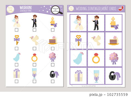 Vector wedding scavenger hunt cards set. Seek and find game with cute bride and groom for kids. Marriage ceremony searching activity. Simple educational printable worksheet 102735559