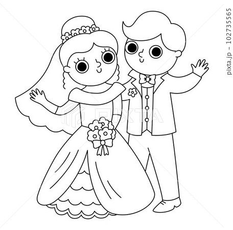 Vector black and white illustration with bride and groom waving hands. Cute just married couple. Wedding ceremony line icon. Cartoon marriage coloring page with newly married couple Vector black and white illustration with bride and groom waving hands. Cute just married couple. Wedding ceremony line icon. Cartoon marriage coloring page with newly married couple 102735565