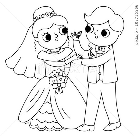 Vector black and white illustration with bride and groom exchanging rings. Cute just married couple. Wedding ceremony line icon. Cartoon marriage coloring page with newly married couple Vector black and white illustration with bride and groom exchanging rings. Cute just married couple. Wedding ceremony line icon. Cartoon marriage coloring page with newly married couple 102735566
