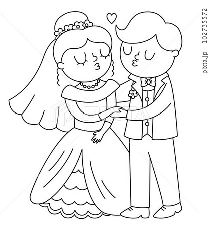 Vector black and white illustration with kissing bride and groom. Cute just married couple. Wedding ceremony line icon. Cartoon marriage coloring page with newly married couple, first kiss Vector black and white illustration with kissing bride and groom. Cute just married couple. Wedding ceremony line icon. Cartoon marriage coloring page with newly married couple, first kiss 102735572