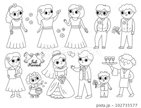 Vector black and white set with bride, groom and their guests. Cute just married couple with bridesmaids, bridegrooms, children, waiter, registrar. Wedding ceremony coloring page Vector black and white set with bride, groom and their guests. Cute just married couple with bridesmaids, bridegrooms, children, waiter, registrar. Wedding ceremony coloring page 102735577