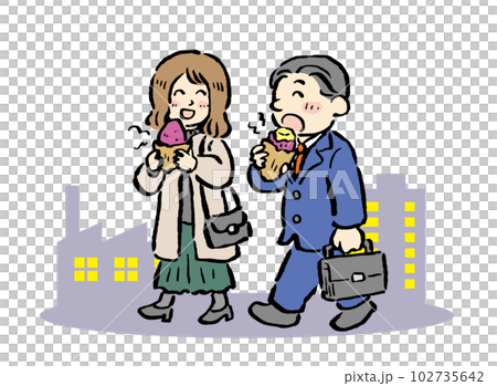 一對工作夫婦吃烤紅薯的手繪插畫 102735642