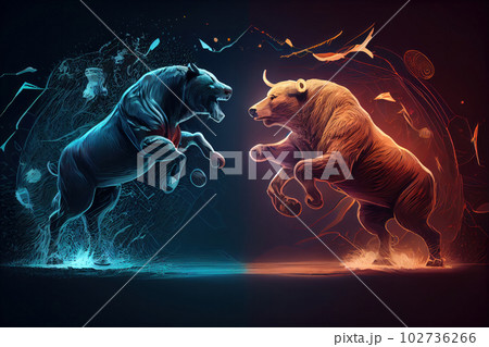 A trader looking over the shoulder of a colleague, both holding bull and bear figurines, studying the latest stock market trends. AI Generative. 102736266