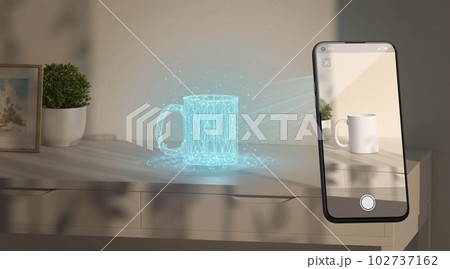 White mug hologram stand on table phone display augmented reality White mug hologram stand on table phone display augmented reality 102737162