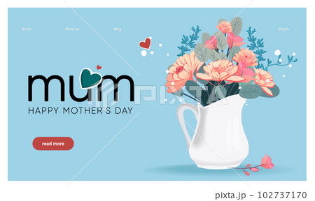 Happy mothers day illustration with woman holding a Flowers. Thank you card with blooming flowers. Use for Boarding Pass, birthday card, invitations, Birthday card Vector illustration 102737170