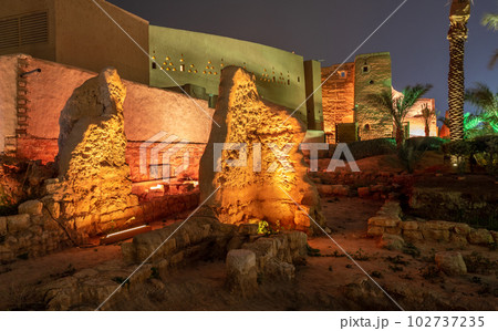 Diriyah old town walls illuminated at night, Riyadh, Saudi Arabia Diriyah old town walls illuminated at night, Riyadh, Saudi Arabia 102737235