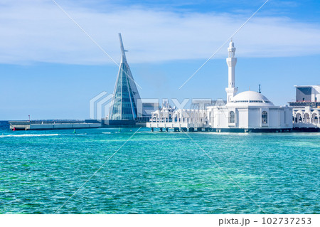 Alrahmah floating mosque with sea in foreground, Jeddah, Saudi Arabia 102737253