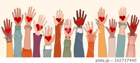 Arms and hands raised. Group of diverse people with heart in hand. Charity donation and volunteer work. Support and assistance. People diversity. Multicultural and multiethnic community Arms and hands raised. Group of diverse people with heart in hand. Charity donation and volunteer work. Support and assistance. People diversity. Multicultural and multiethnic community 102737440
