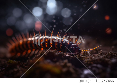 A macro shot of a centipede. A caterpillar crawling on the ground in the forest. Generative AI 102737833