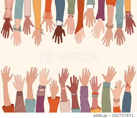 Group of raised arms and hands starting from below and meeting a group of raised hands starting from above.Diversity people. Charity donation and volunteer work.Diverse people. Copy space 102737871