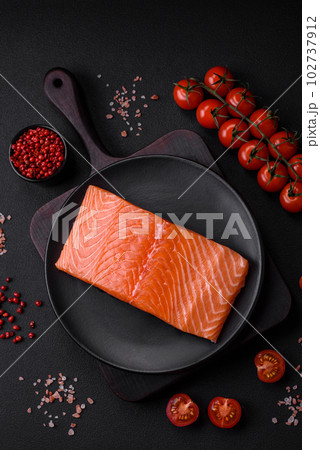Fresh raw salmon red fish fillet with salt and spices 102737912