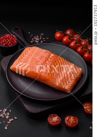 Fresh raw salmon red fish fillet with salt and spices Fresh raw salmon red fish fillet with salt and spices 102737913