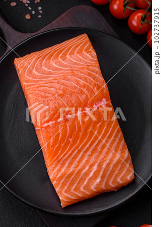 Fresh raw salmon red fish fillet with salt and spices 102737915