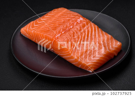 Fresh raw salmon red fish fillet with salt and spices Fresh raw salmon red fish fillet with salt and spices 102737925