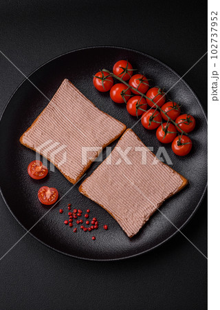Delicious crispy toast with chicken or goose pate with salt and spices 102737952