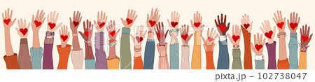 Large Group of diverse people with heart in hand. Arms and hands raised. Charity donation and volunteer work. Support and assistance. People diversity. Multicultural community. Teamwork Large Group of diverse people with heart in hand. Arms and hands raised. Charity donation and volunteer work. Support and assistance. People diversity. Multicultural community. Teamwork 102738047